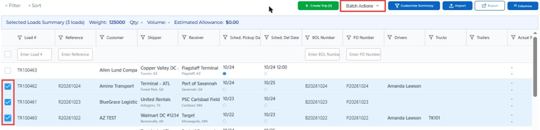 Loads selected in the load list with the Batch Actions button highlighted
