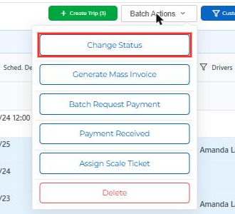 Batch Actions menu with Change Status highlighted
