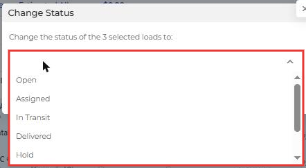 Change Status window with the list of statuses