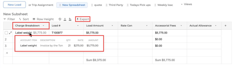 Charge Breakdown column with the hover table showing account item, description, quantity, rate and amount