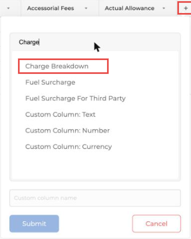 Add column panel with Charge Breakdown selected