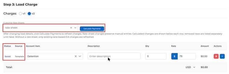 Customer Rate Sheets selector, Calculate Payments button and the Status and Source columns