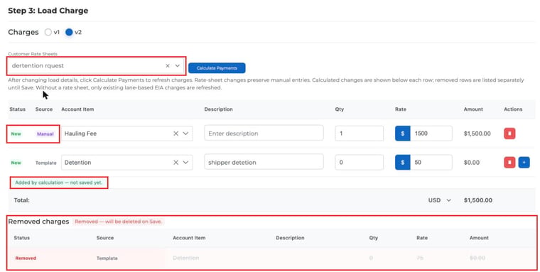 After switching rate sheets, the manual row stays, a new template row is added and the old one is listed under Removed charges