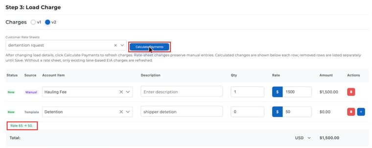 Calculate Payments button and a change note under the Detention row