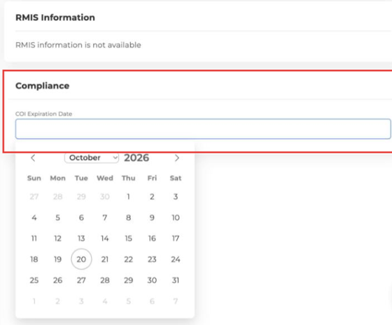 Compliance card on the carrier profile with the COI Expiration Date picker
