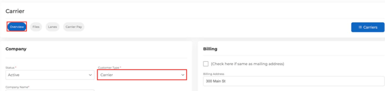 Carrier profile Overview tab with Customer Type set to Carrier