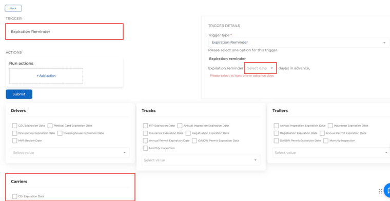 Expiration Reminder automation with the days-in-advance selector and the Carriers card