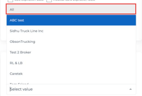 Carrier picker with the All option and a list of carriers