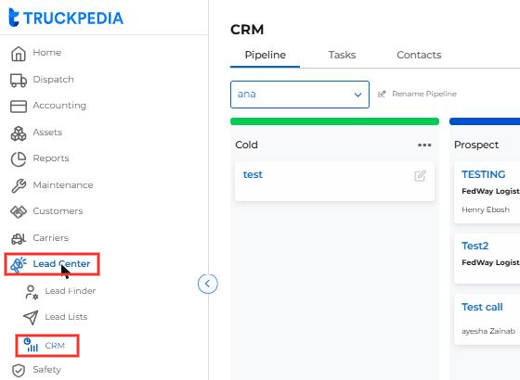 Left menu with Lead Center and CRM highlighted