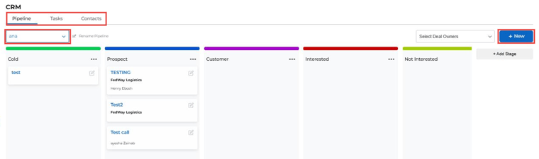 CRM Pipeline board with the tabs, pipeline dropdown and New button highlighted