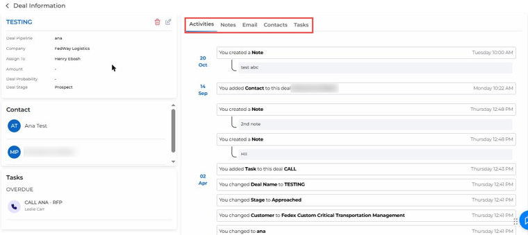 Deal page with deal details on the left and the Activities, Notes, Email, Contacts and Tasks tabs on the right