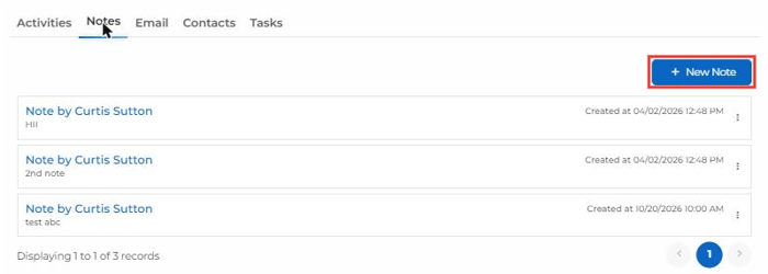 Notes tab with the New Note button highlighted