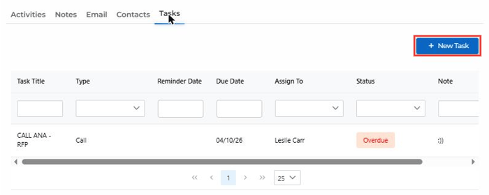 Deal Tasks tab with the New Task button highlighted