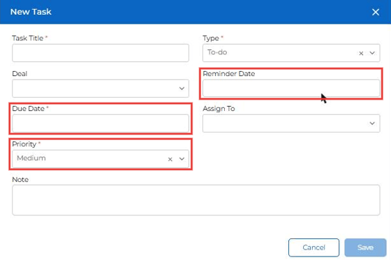 New Task form with Reminder Date, Due Date and Priority highlighted