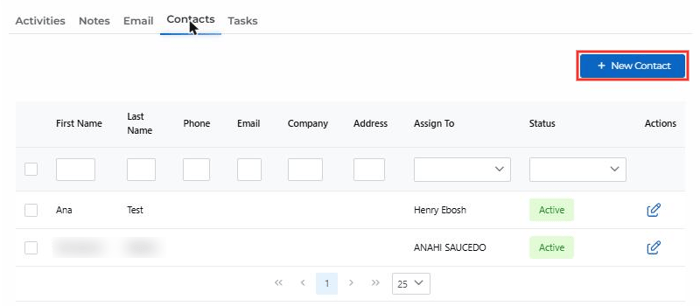 Deal Contacts tab with the New Contact button highlighted