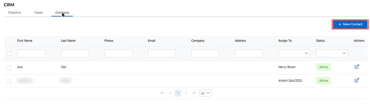 CRM Contacts tab with the New Contact button highlighted