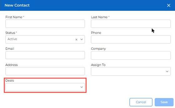 New Contact form with the Deals field highlighted