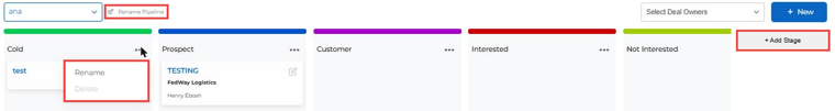Stage menu with Rename and Delete, Rename Pipeline and Add Stage highlighted