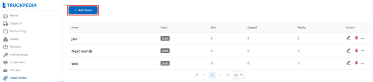 Lead Lists page with the Add New button highlighted
