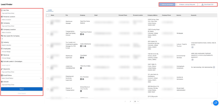 Lead Finder with search filters on the left and the leads table