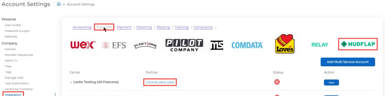 Fuel Card integrations with the Mudflap logo highlighted