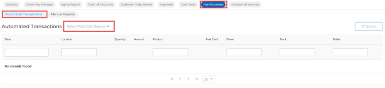 Automated Transactions with the Select Fuel Card Source dropdown highlighted