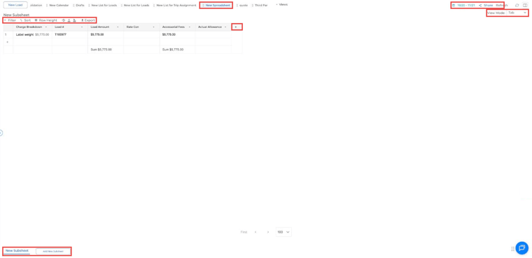 A spreadsheet view in Dispatch with the toolbar, date range, Share, View Mode and subsheet tabs