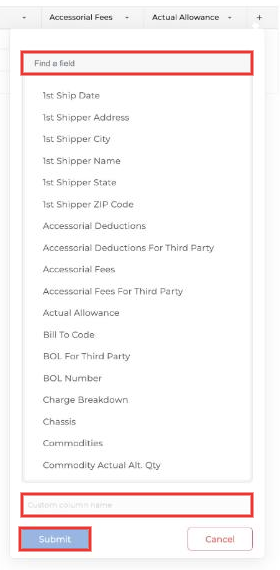 Add column panel with a field search, custom column name and Submit