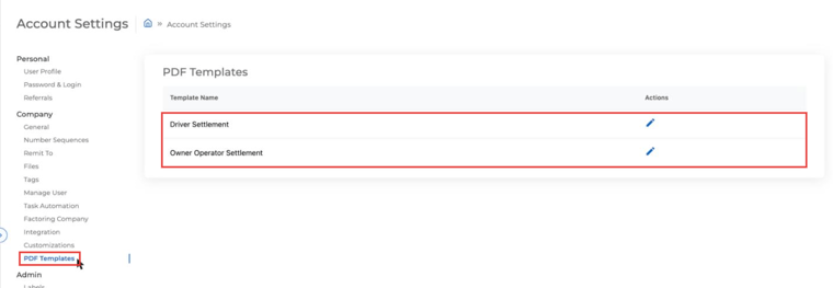 PDF Templates in Settings with the Driver Settlement and Owner Operator Settlement templates