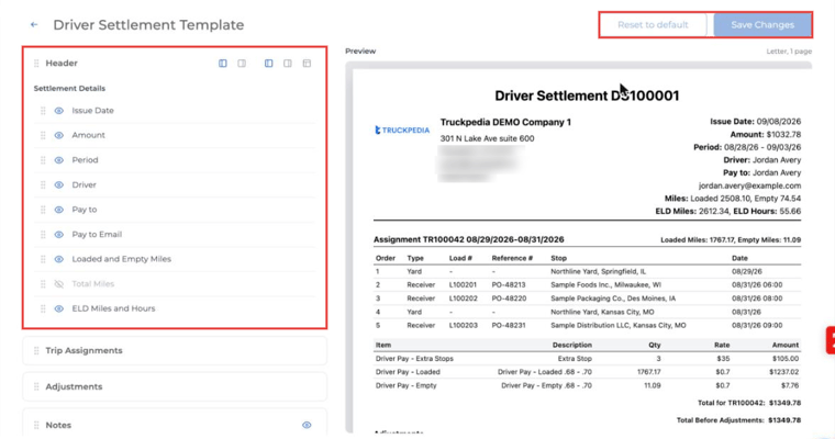 Driver Settlement Template editor with settlement details on the left and a live preview on the right