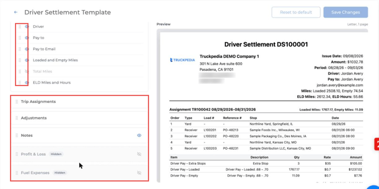 Template sections including Trip Assignments, Adjustments, Notes, Profit and Loss and Fuel Expenses