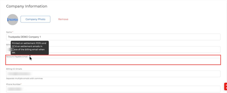 Company Information settings with the Account Payable Email field