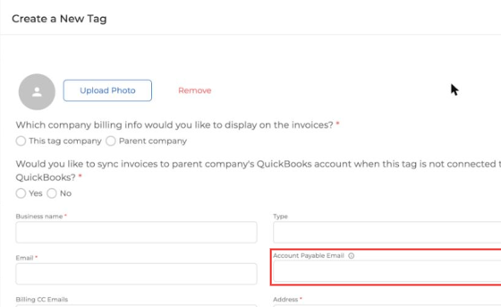 Tag form with the Account Payable Email field