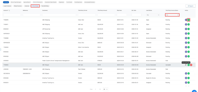 Third Party invoices list with the status filter and the Upload Invoice and Mark as Paid icons