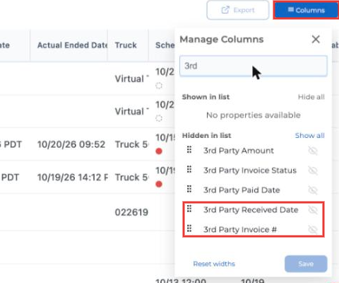 Manage Columns panel with 3rd Party Received Date and 3rd Party Invoice # columns