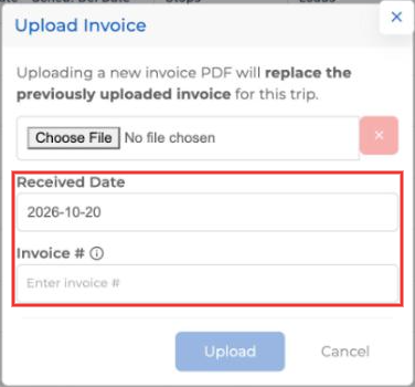 Upload Invoice dialog with Received Date and Invoice # fields