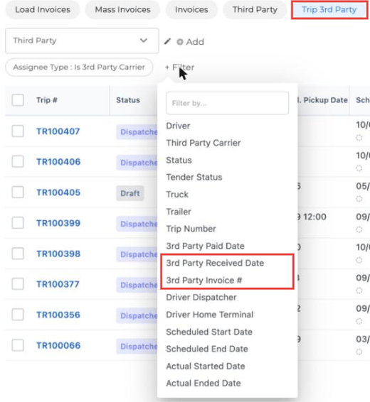 Filter list with 3rd Party Received Date and 3rd Party Invoice #
