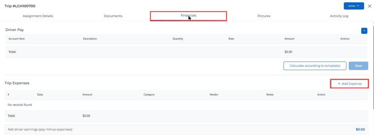 Trip Expenses section with the Add Expense button highlighted
