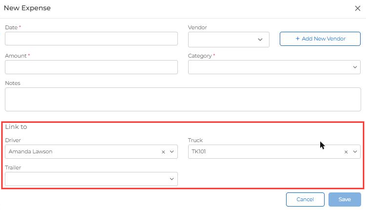 New Expense form with Driver and Truck filled in from the trip