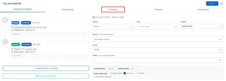 Trip sidebar with the Financials tab highlighted