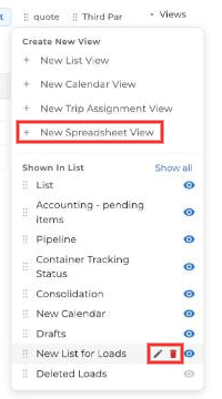 Views menu with New Spreadsheet View and the rename and delete icons