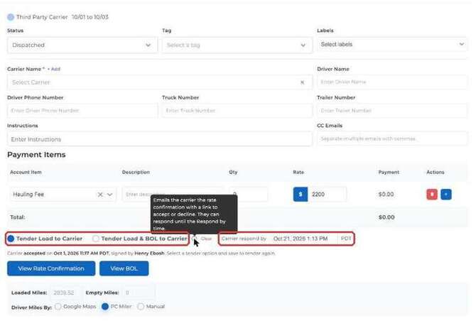 Tender options with the Carrier respond by field and info tooltip