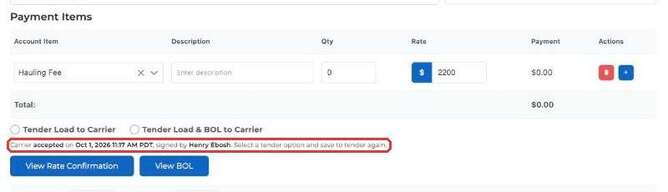 Tender status line showing Carrier accepted, the time and the signer