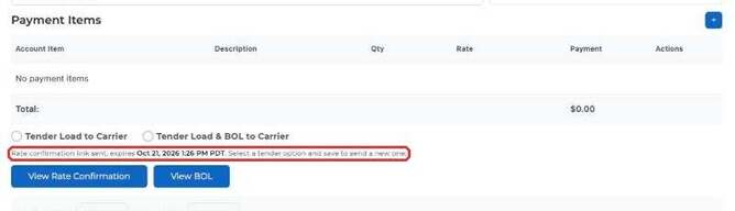 Status line: Rate confirmation link sent, with the expiry time