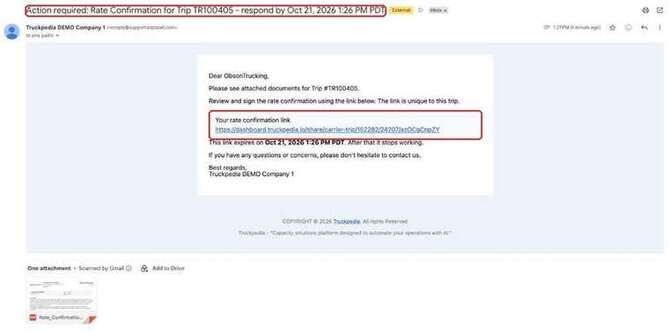Rate confirmation email with the carrier's unique link and expiry time