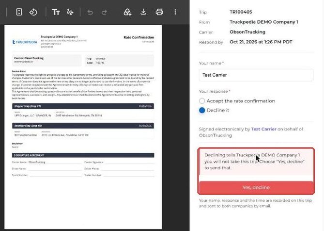 Decline confirmation step with the Yes, decline button
