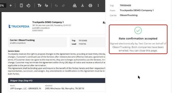Rate confirmation accepted confirmation on the carrier page