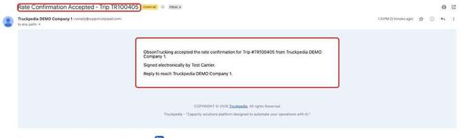 Rate Confirmation Accepted email sent to the carrier and your company