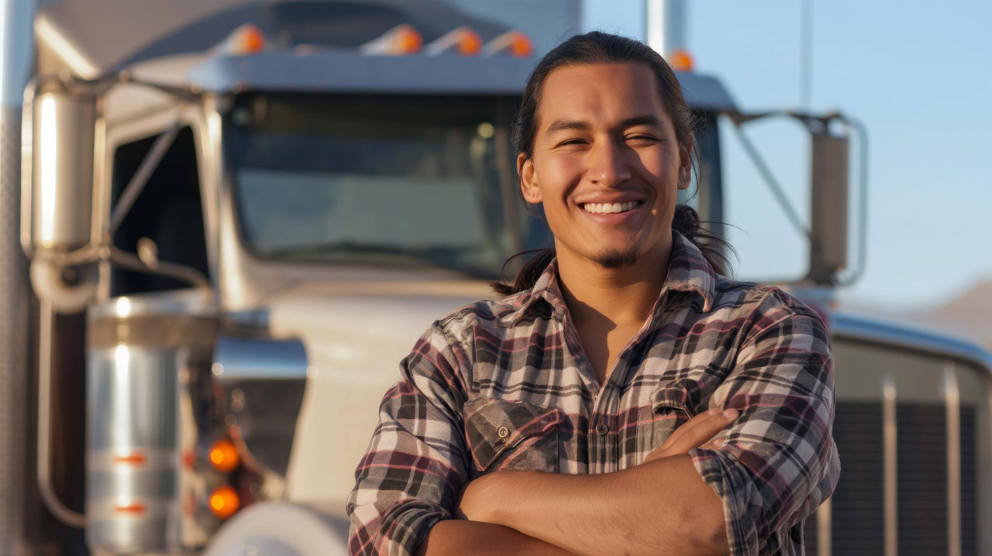 smiling-native-american-male-truck-driver-standing-front-semitruck-sunset
