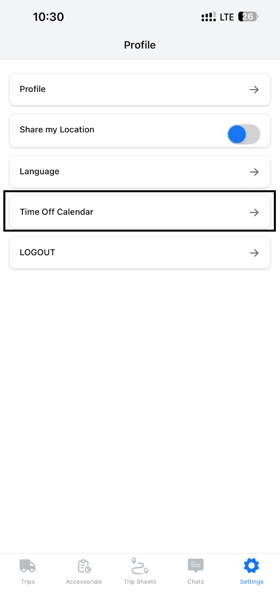 Driver App settings with Time Off Calendar highlighted